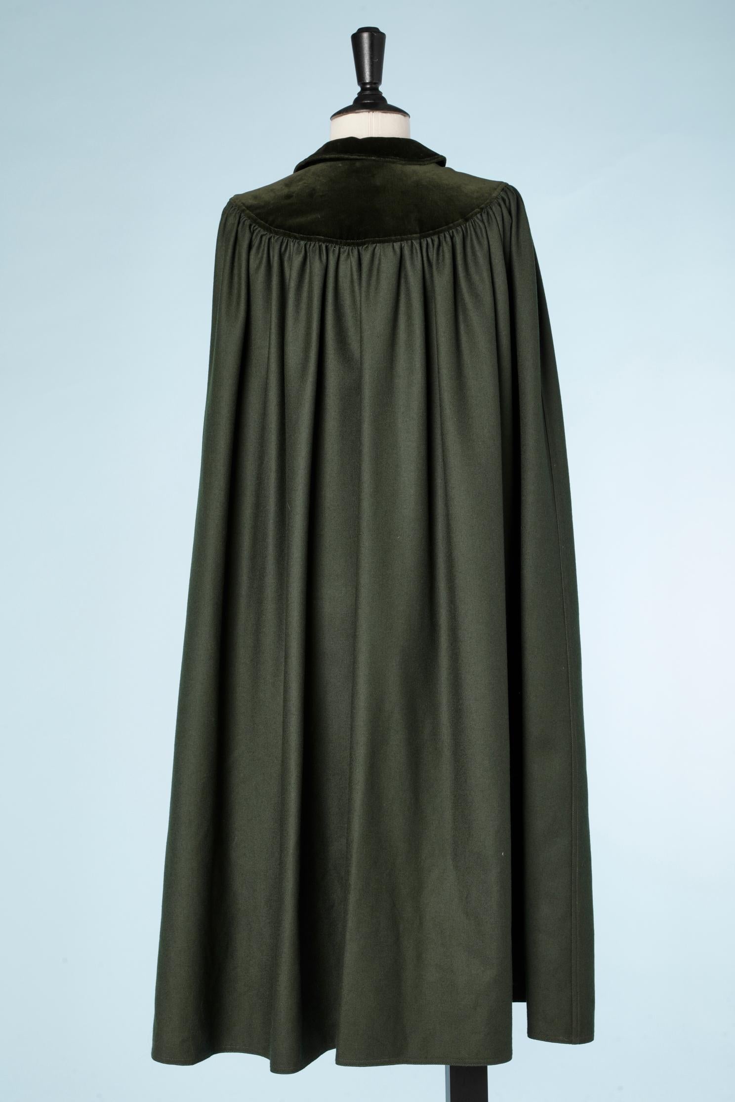 Women's Kaki wool and velvet cape with collar and bow Saint Laurent Rive Gauche 