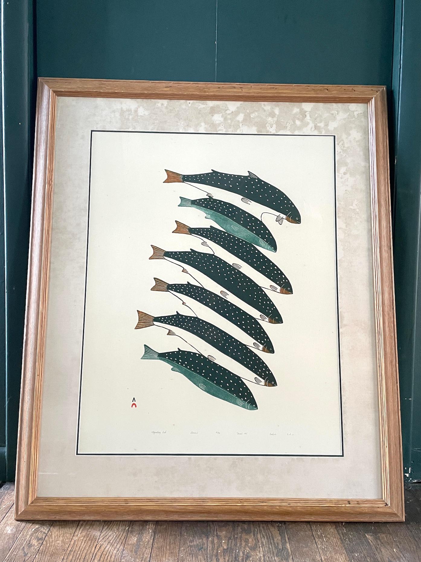 Paper Kakulu Saggiaktok Migrating Fish Stonecut Art Canada Baffin Dorset Inuit Culture For Sale