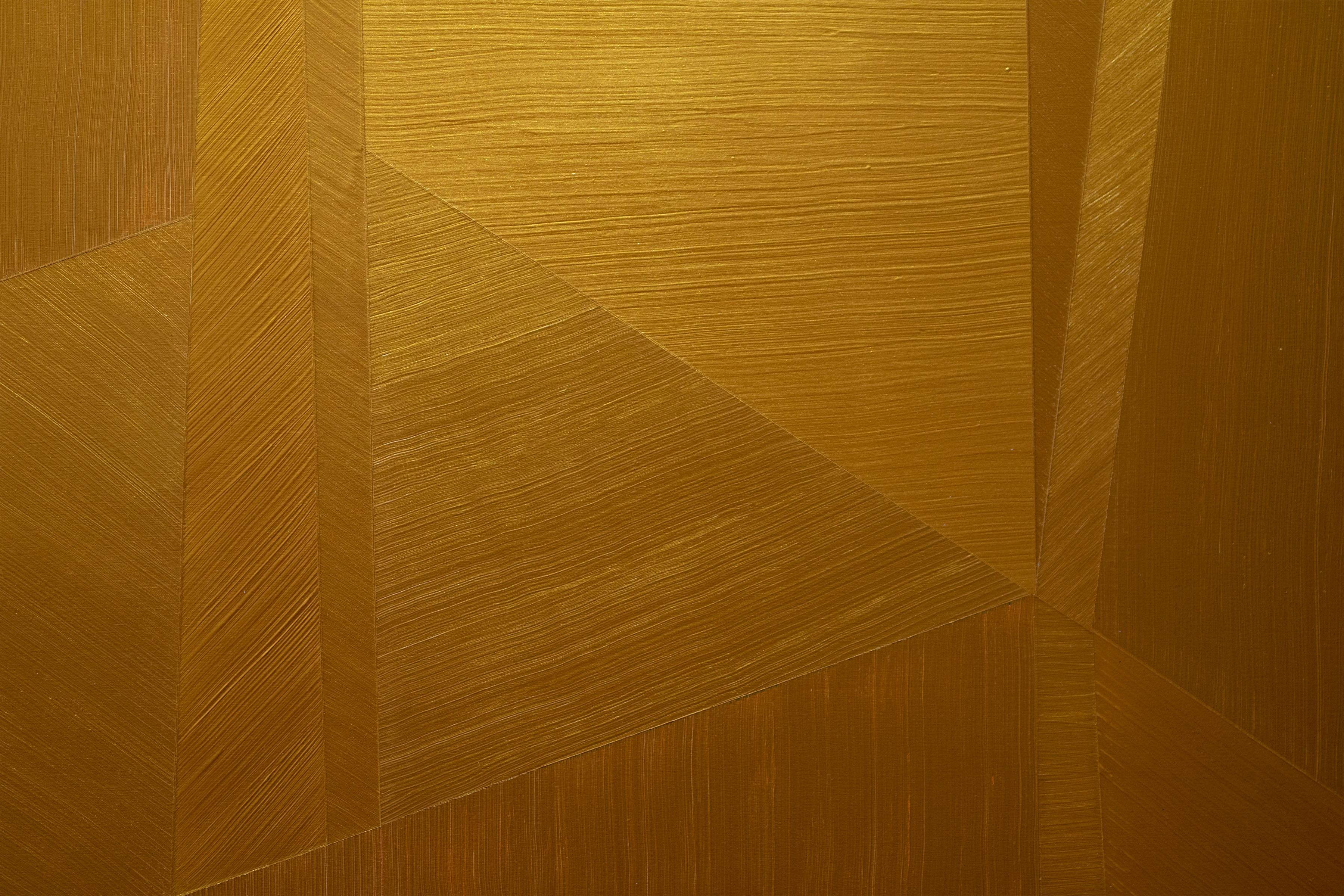 In Kal Mansur's new series of gold paintings he continues his exploration of changing perspectives.

His idea that most of our “differences” would be viewed as similarities with a simple change of viewing angle has been reduced to the minimum number