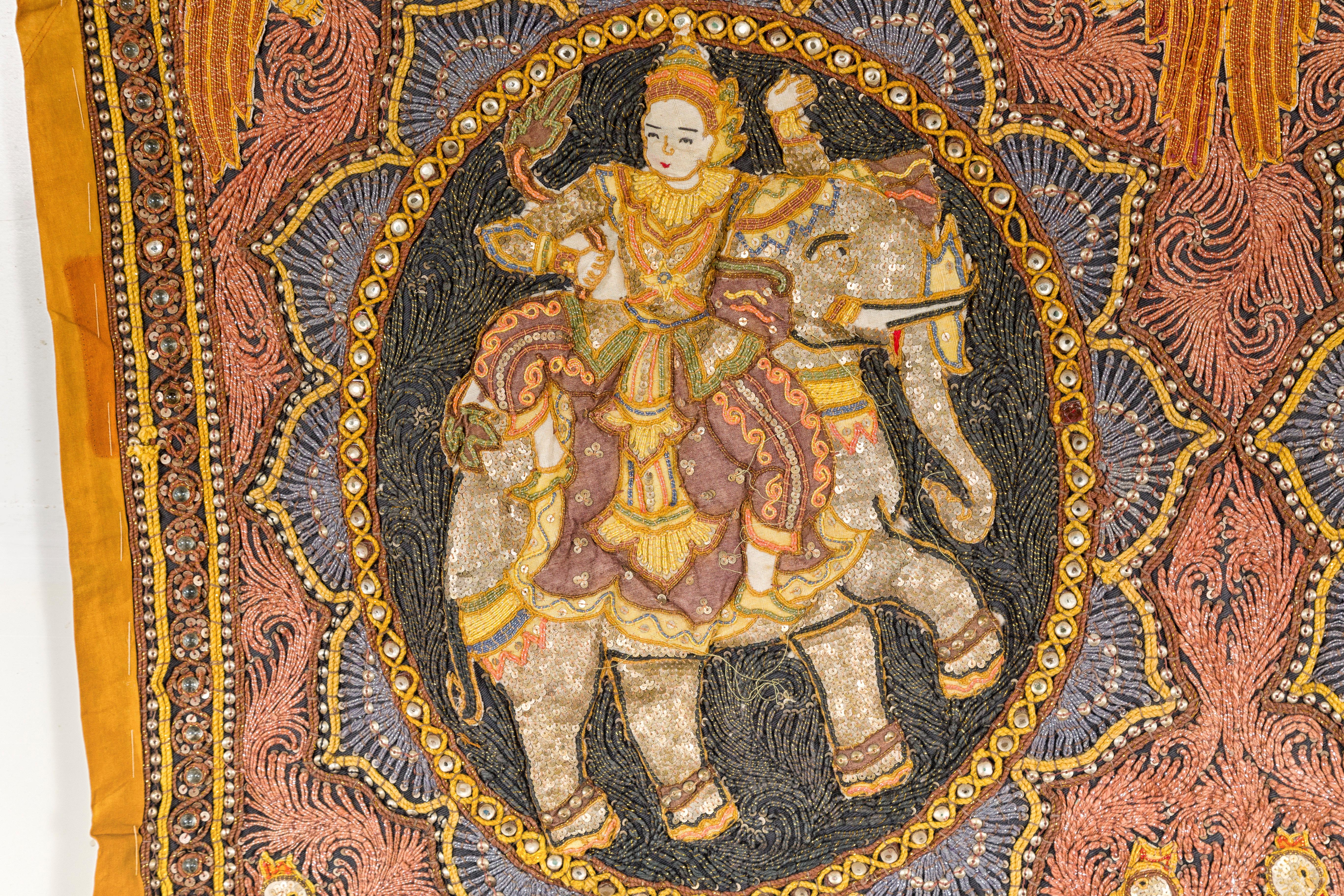 Burmese Kalaga 19th Century Tapestry with Stones, Sequins and Colorful Thread For Sale