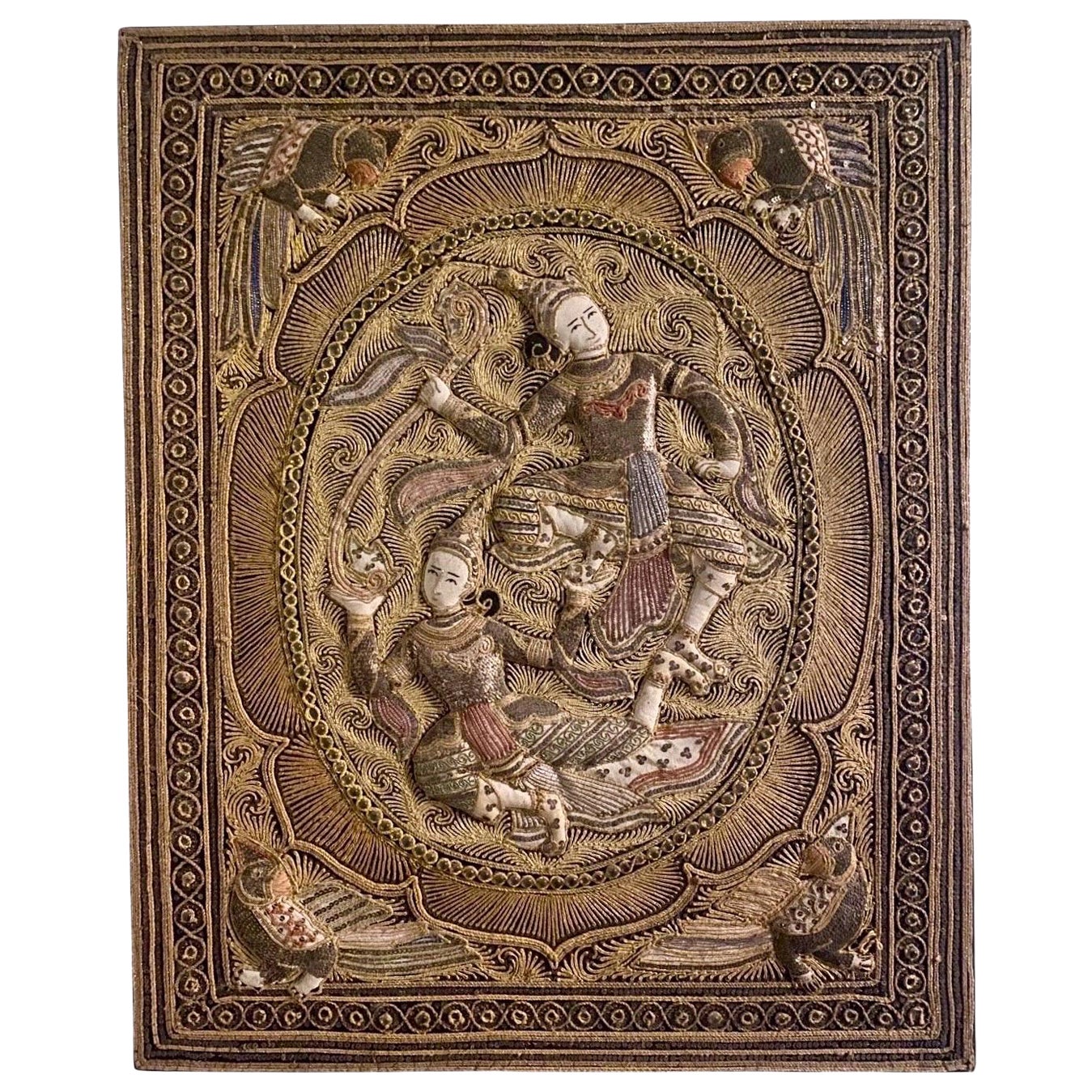 Kalaga Burmese tapestry – dancers and parrots – mid 20th - Burma Myanmar Asia