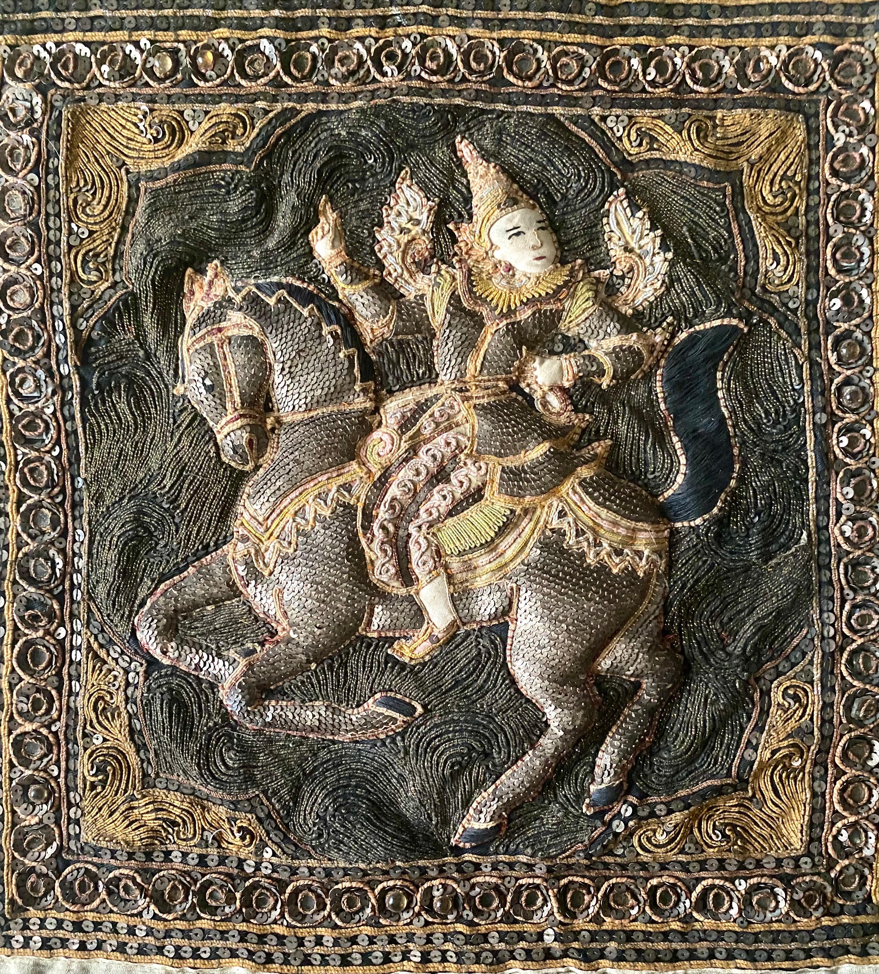 Tapiz birmano Kalaga - Jinete a caballo - 19º - Birmania Myanmar Asia siglo XIX en venta
