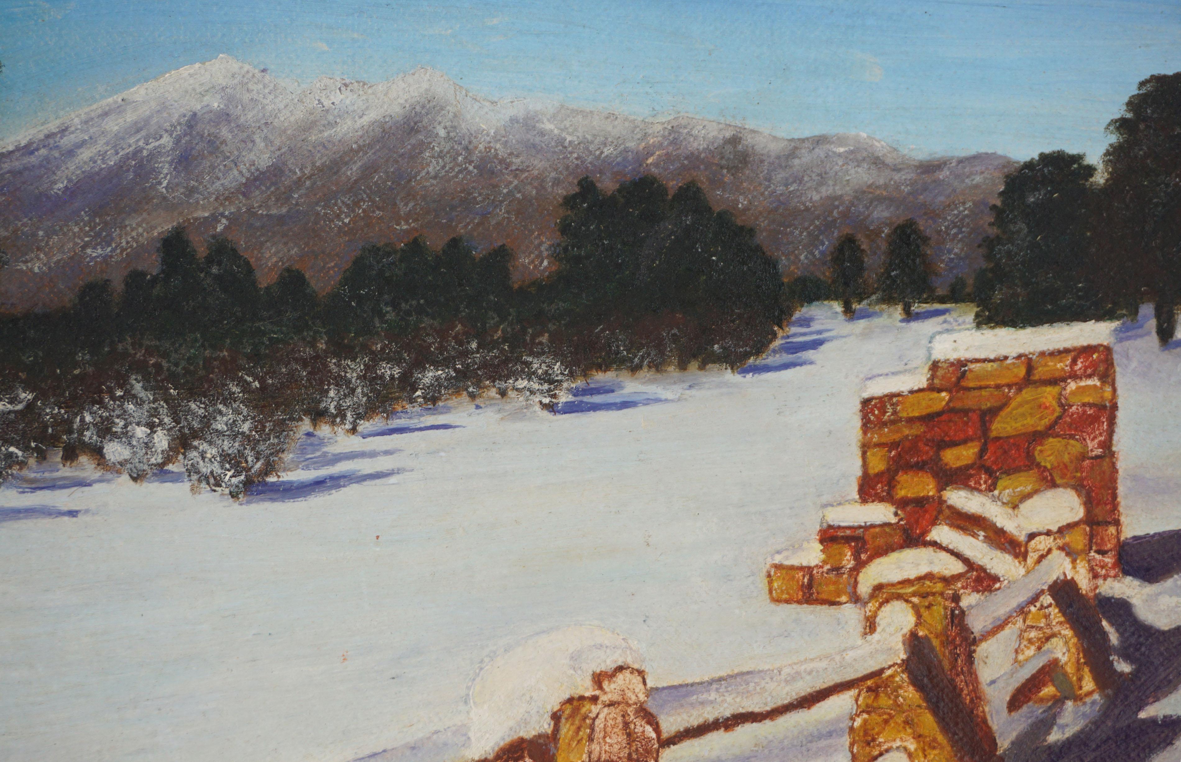 Mid Century Oil Painting, South Lake Tahoe in Winter - Gray Landscape Painting by Kalakewich