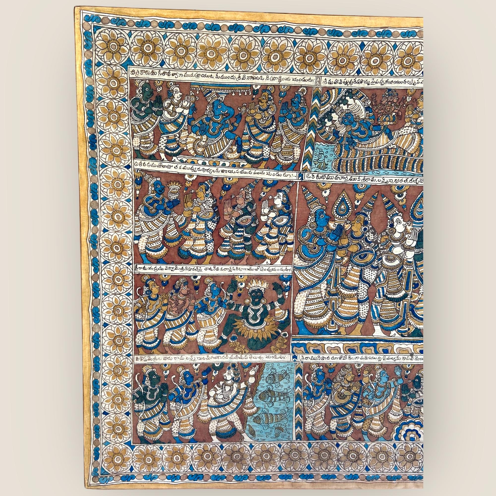 Pintura de templo Kalamkari del sur de la India que representa una historia hindú, hacia 1900-1920. Este tejido dibujado a mano y teñido totalmente a mano era una obra de arte tradicional de la ciudad templo de Srikalahasti, en Andhra Pradesh, al