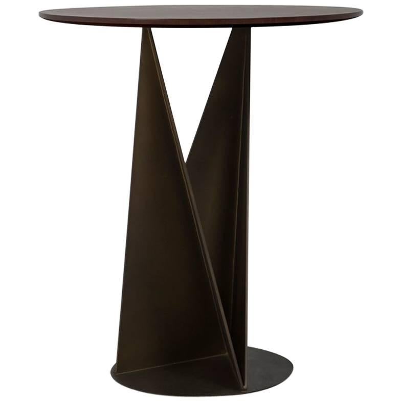 Kalan Side Table with Raw Metal Polyhedrons Base and Mahogany Wood For Sale