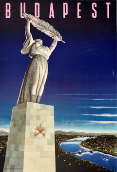 Original Vintage Travel Poster Budapest Hungary Freedom Statue Danube City View