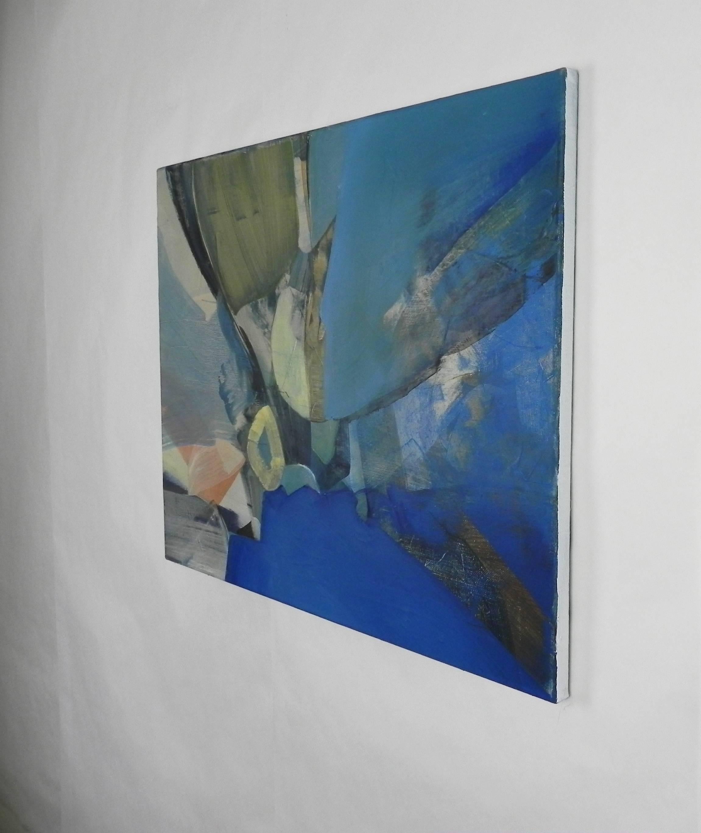 An original cool-toned, abstract horizontal seascape/ landscape, oil on canvas, by artist Kale Baker titled Beneath the Blue, 2017. Be drawn in. Reflective in mood. Alluring composition with a loose and layered vibrant palette of bright blues on top