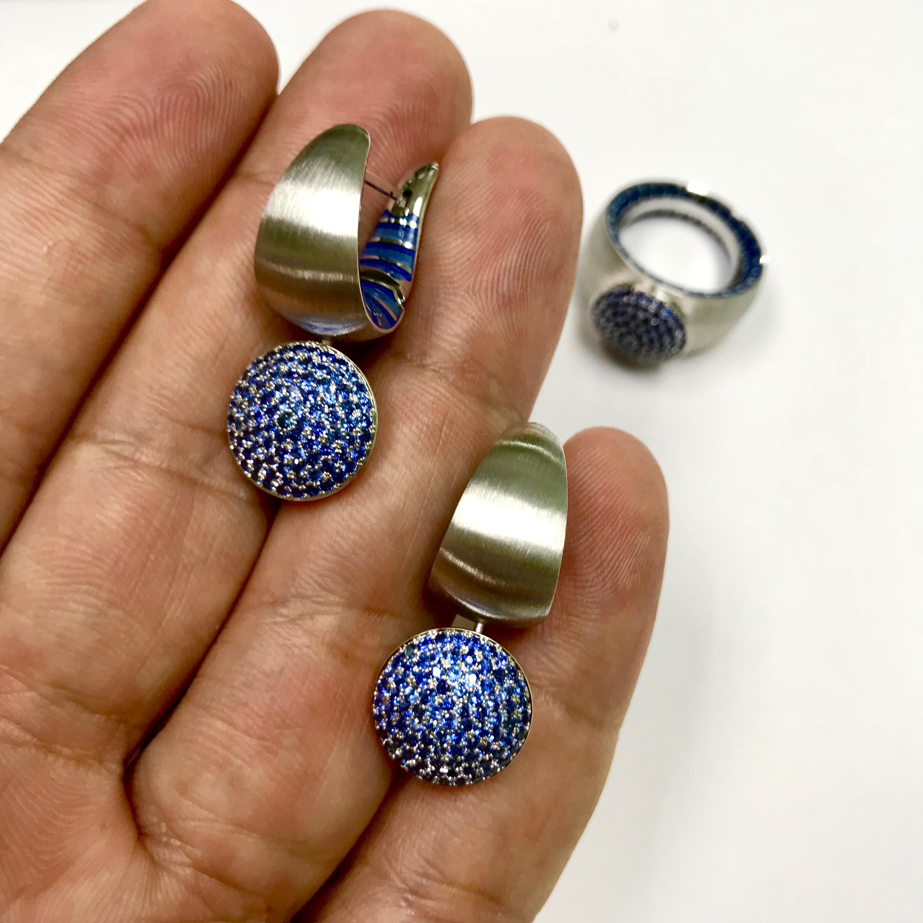 Contemporary Blue Sapphire Enamel 18 Karat White Gold Kaleidoscope Earrings For Sale