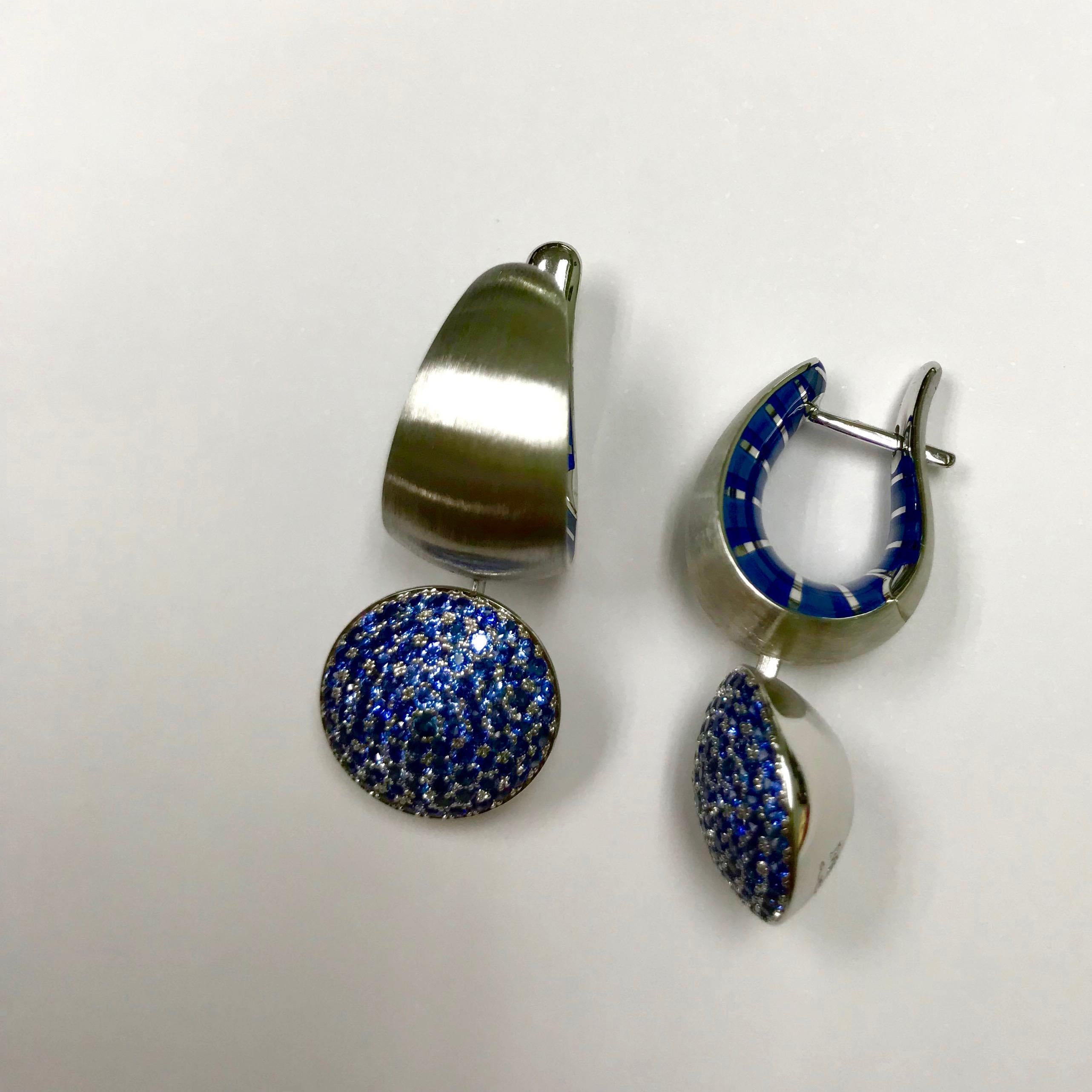 Women's or Men's Blue Sapphire Enamel 18 Karat White Gold Kaleidoscope Earrings For Sale