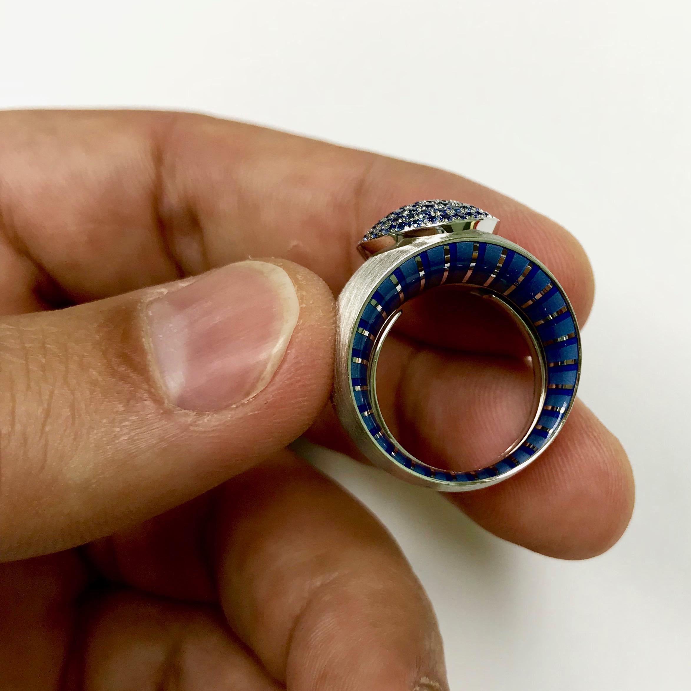 Round Cut Kaleidoscope Collection Blue Sapphire Enamel 18 Karat White Gold Ring For Sale