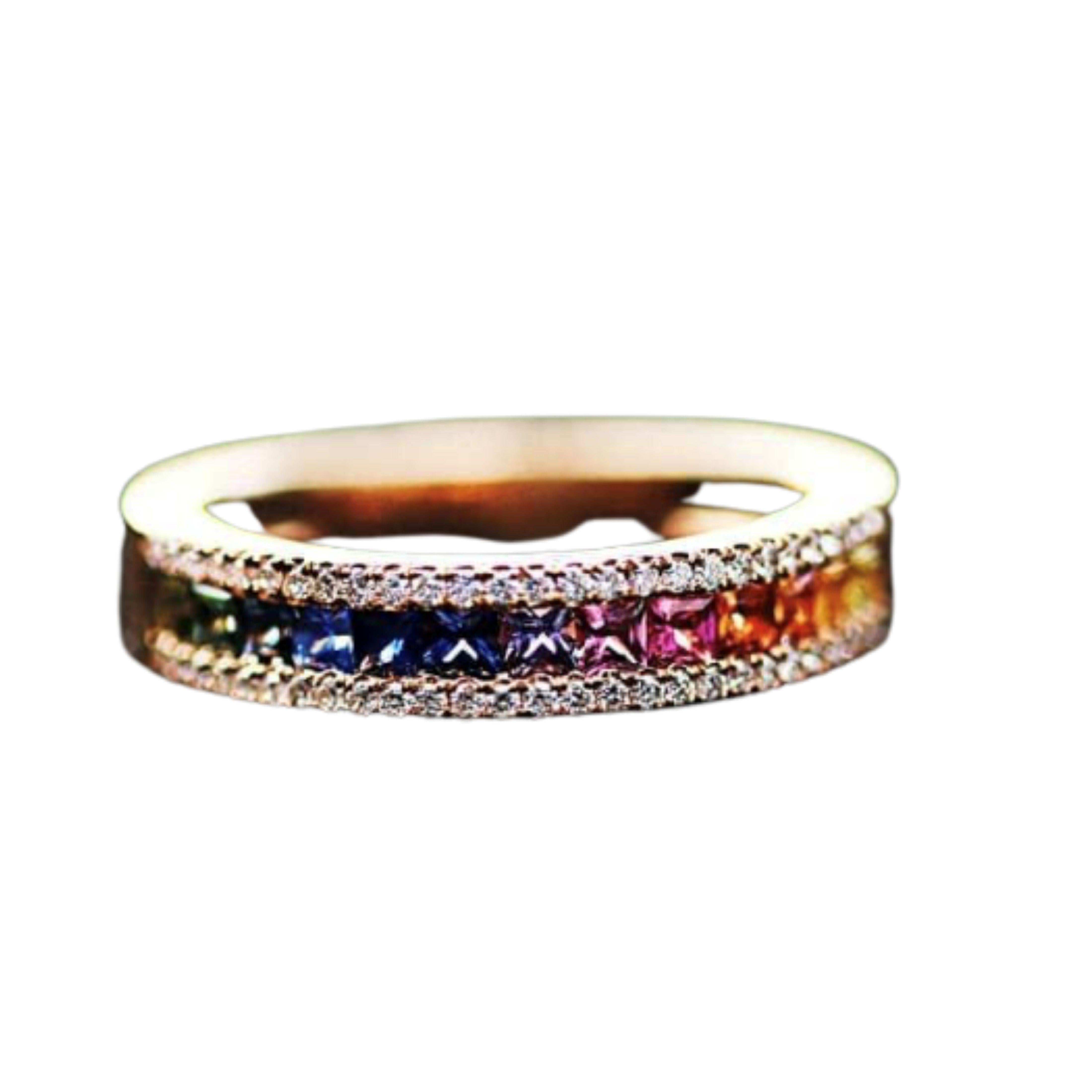 An exquisitely crafted coloured sapphire and diamond eternity ring, as unique as you. Perfectly curated coloured sapphires hand selected in Ceylon are set between two rows of sparkling highest grade diamonds. Your choice of either traditional round