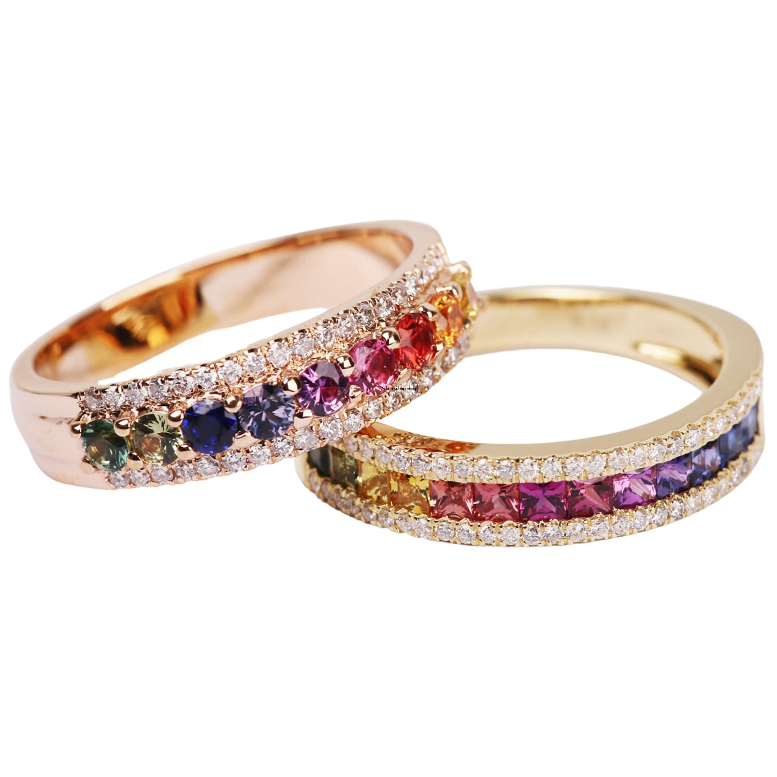 Kaleidoscope Diamond & Rainbow Sapphire 18 karat Gold Eternity Ring-Princess Cut For Sale