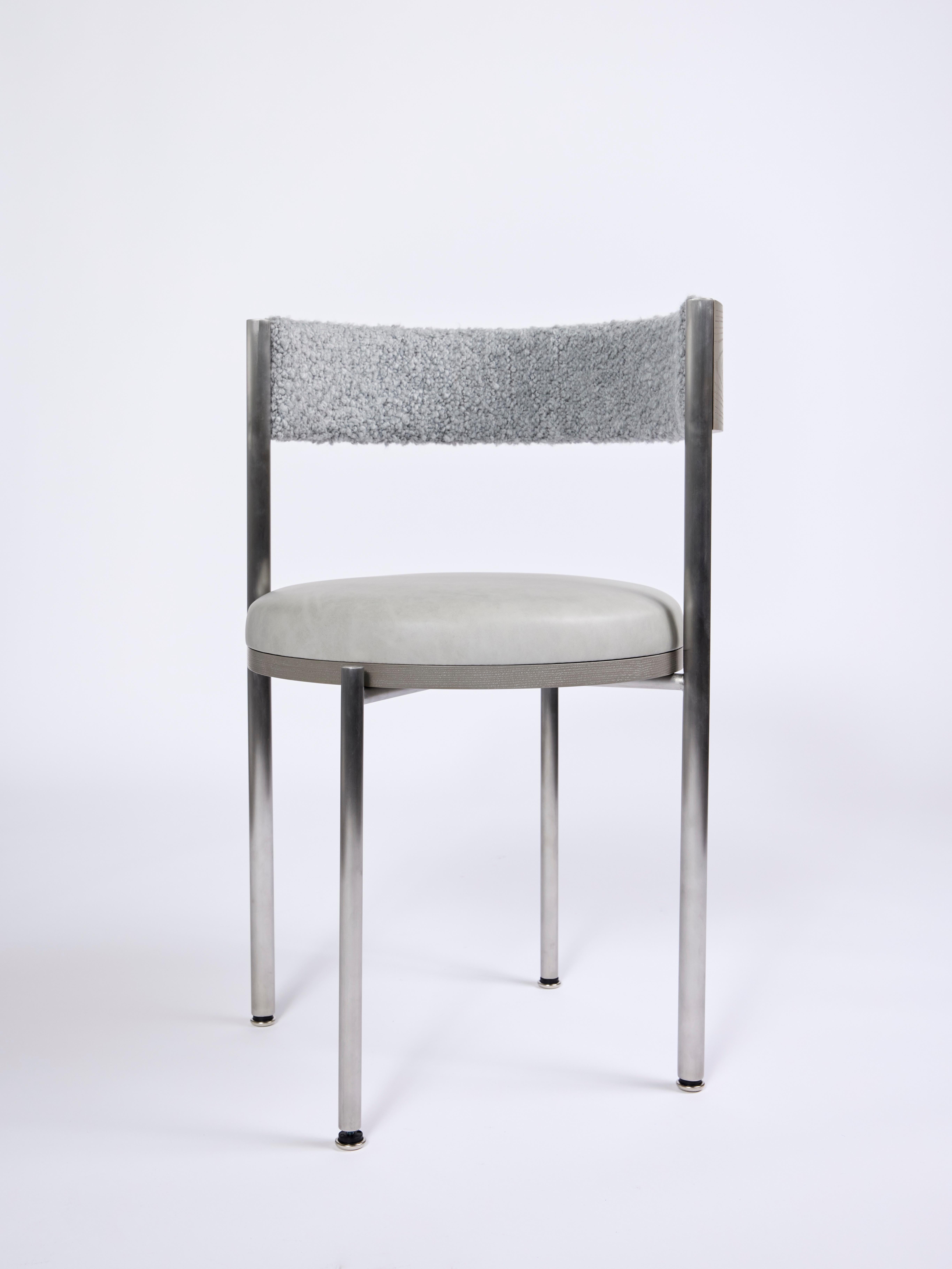 Modern Kaleidoscope, Dining Chair in Brushed Stainless with Leather and Bouclé For Sale