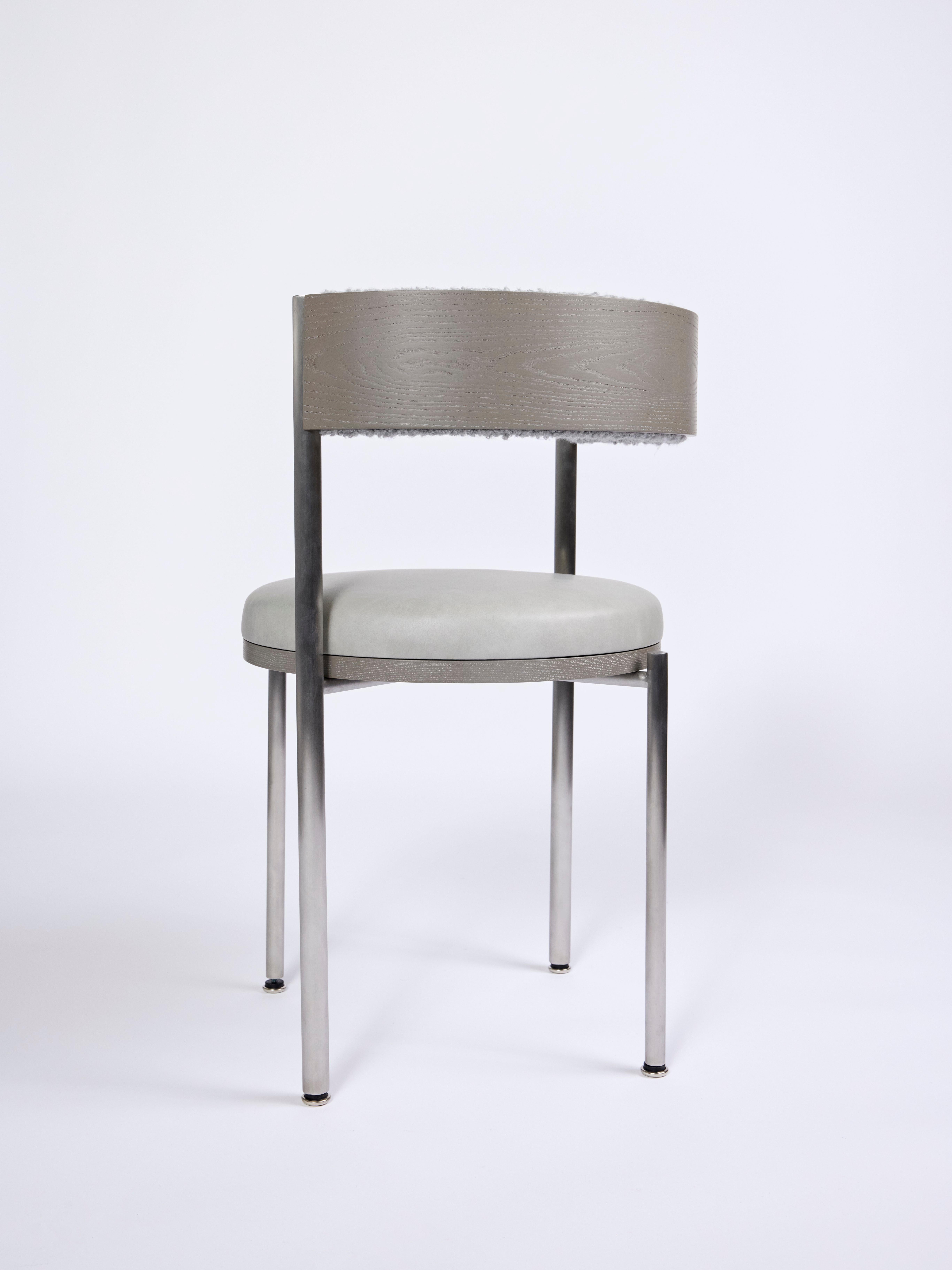 American Kaleidoscope, Dining Chair in Brushed Stainless with Leather and Bouclé For Sale