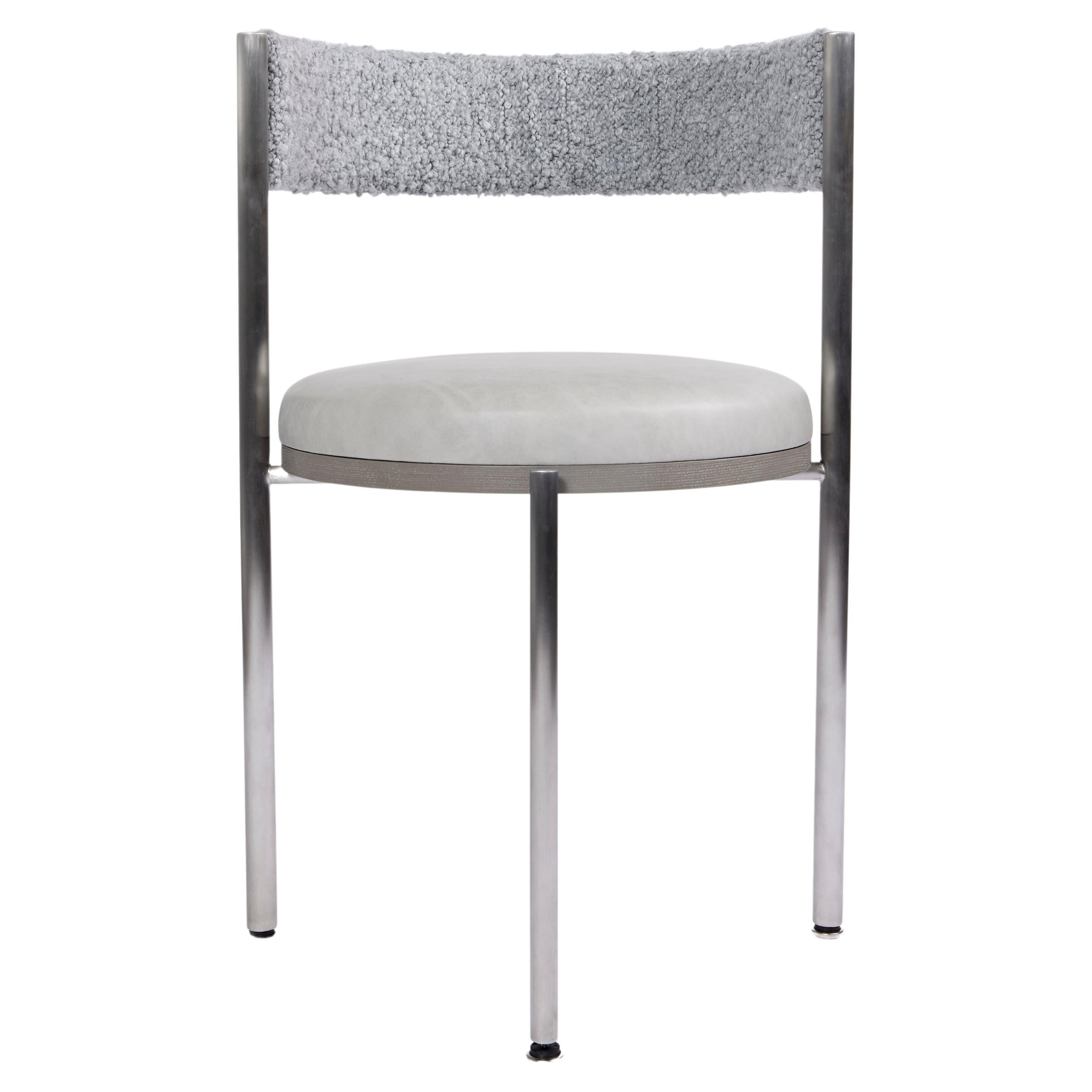 Kaleidoscope, Dining Chair in Brushed Stainless with Leather and Bouclé