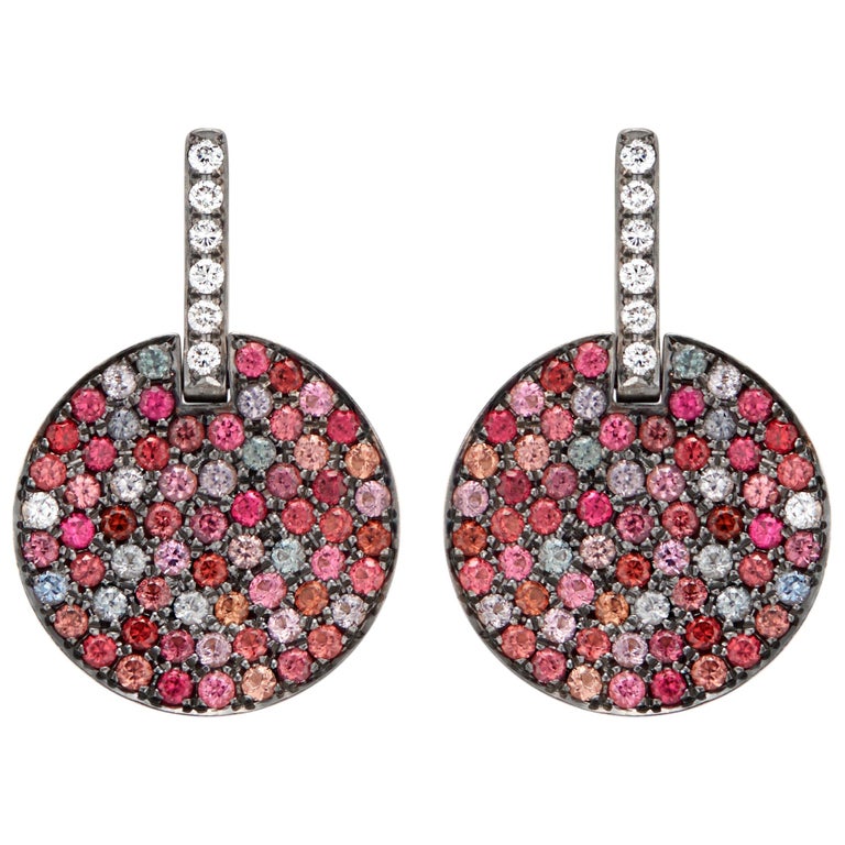 Kaleidoscope Multicolored Burma Spinel and Diamond Disc Dangle Earrings For  Sale at 1stDibs