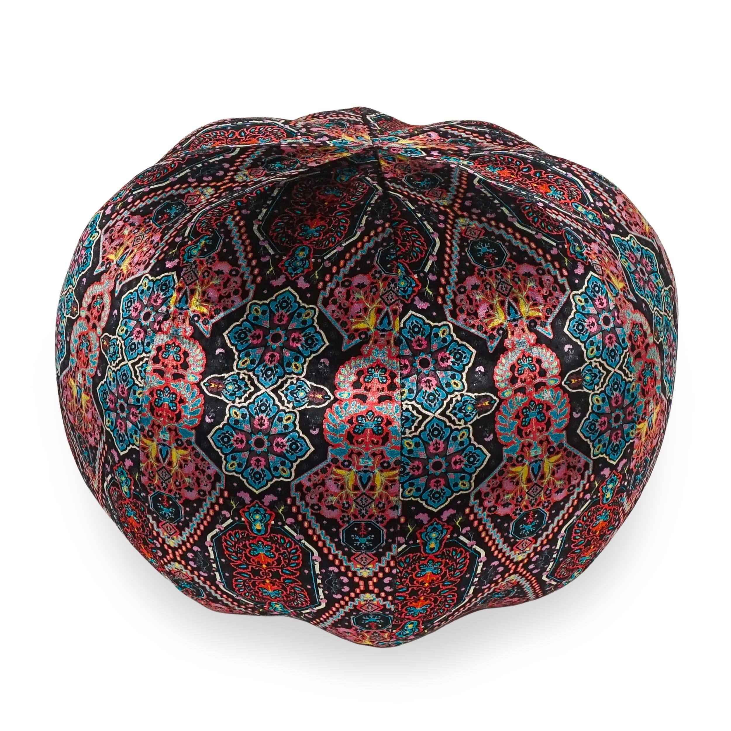 Handmade in Norwalk CT, this pouf is firm for sitting or use as an ottoman. Low pile printed velvet with rich gold, blue, red and black color.

Measurements:
Overall: 26”W x 26”D x 19”H

Price As Shown: $2,250 each
COM Price: $700 each
Customization