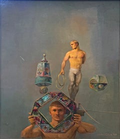 "Kaleidoscopic", Rare Surrealist Painting with Half Nude Male by John Lear, 1986