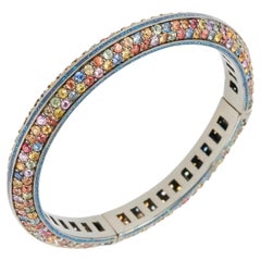 Rainbow Sapphires and Glittered Blue Enamel Bangle in Sterling Silver