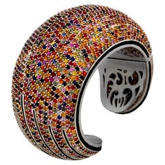 Prismatic Mosaic Sapphire Oversized Statement Cuff Bracelet in Sterling Silver