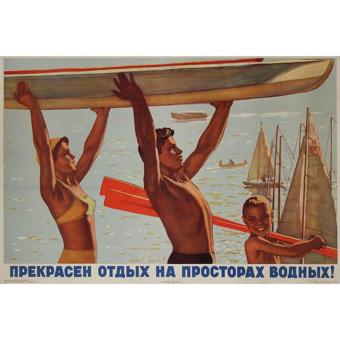 Original soviet propaganda poster from 1960 - Water activities - Print by Kalensky & Kalenskaya