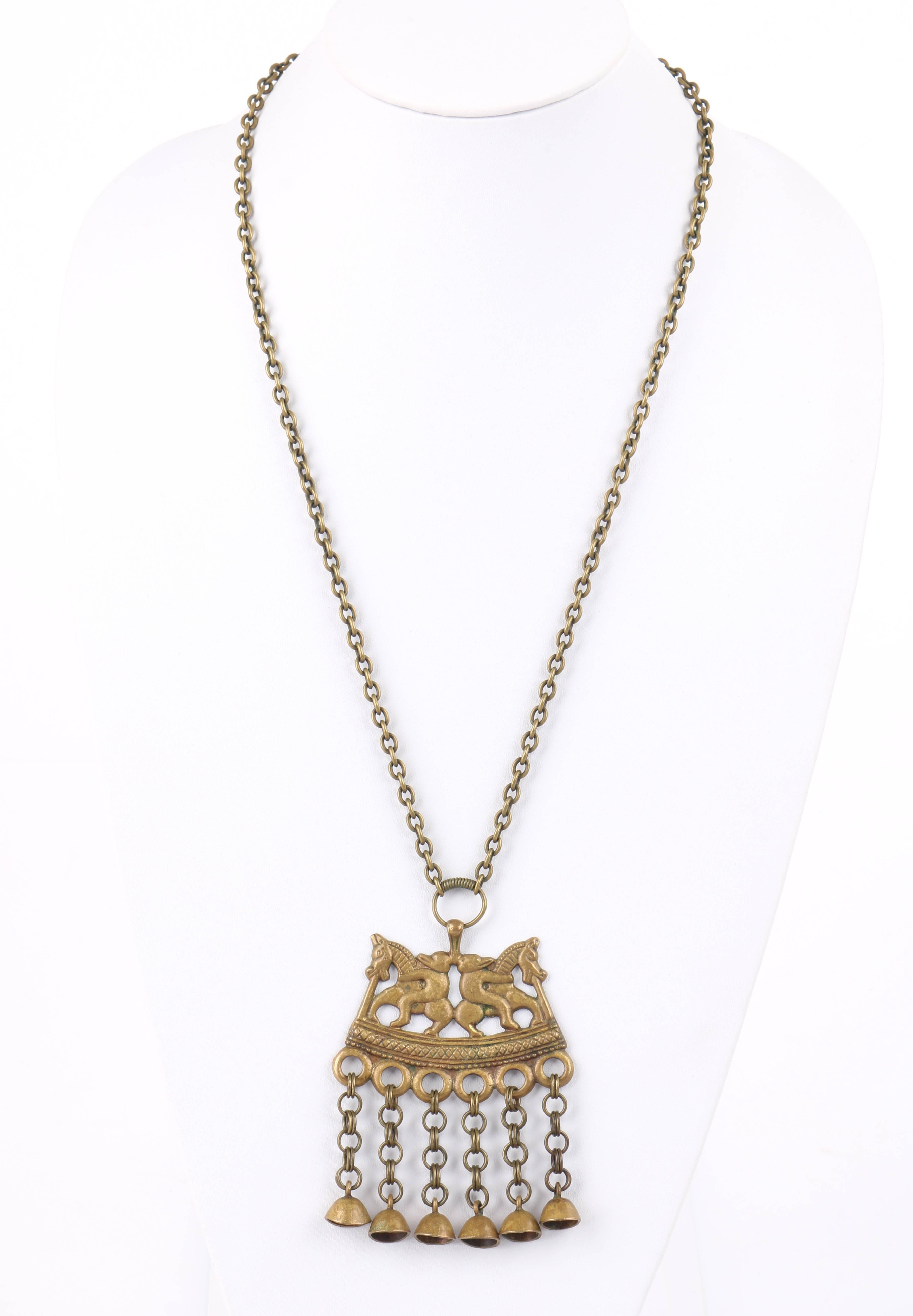 Vintage Kalevala Koru c.1960's bronze Nordic (Viking) equestrian motif Finnish pendant necklace. Same pendant necklace as seen in the Kalevala product archives as 