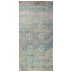 One-of-a-Kind Colorful Wool Hand-Knotted Area Rug, Aqua, 6' 1 x 12' 1