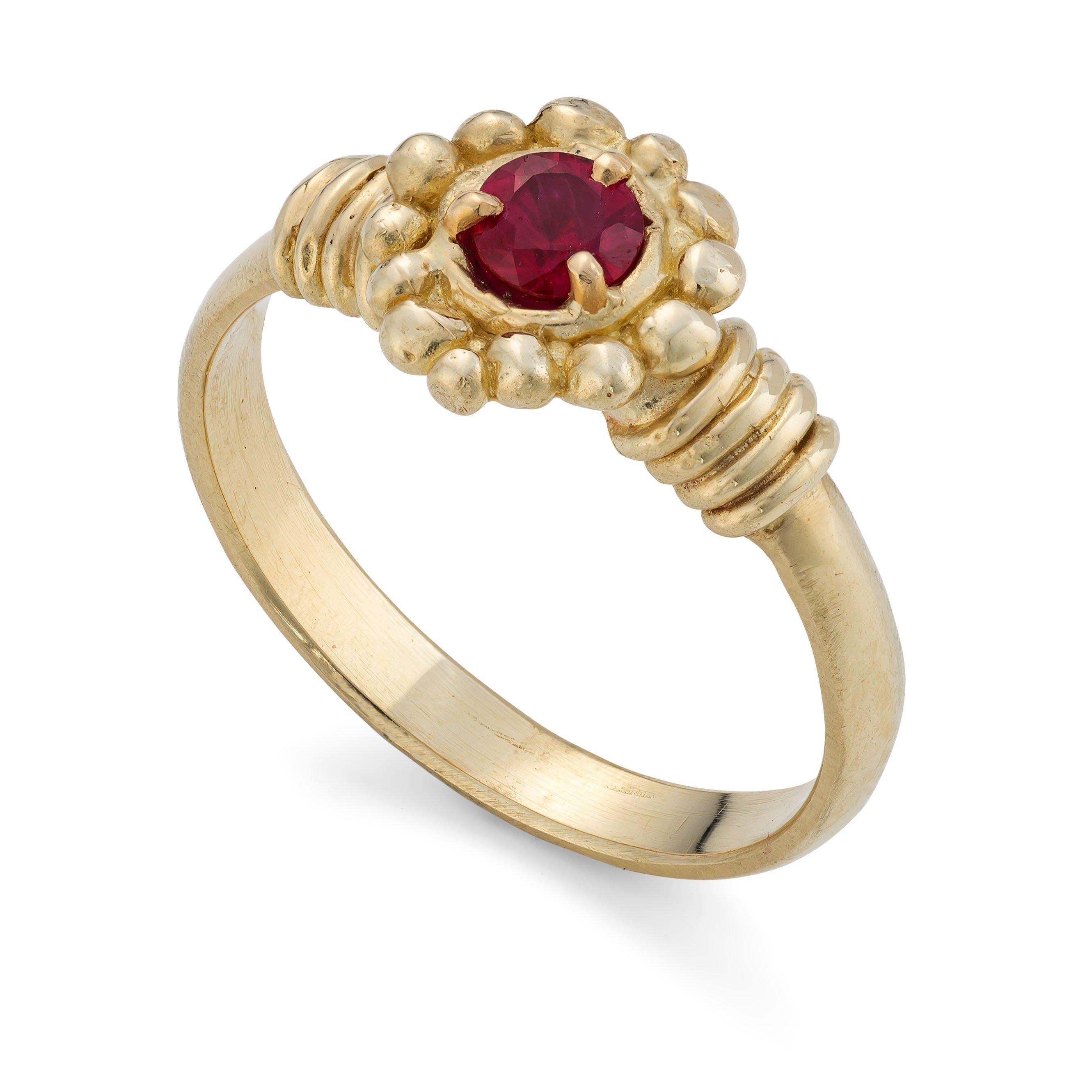 Kalimeris Ring, 18 Karat Yellow Gold with Ruby
Handcrafted and individually cast in 18-karat gold. Olivia carves each piece from wax, making these items unique, which we believe is what gives them their beauty.
The Kalimeris is a flower from the