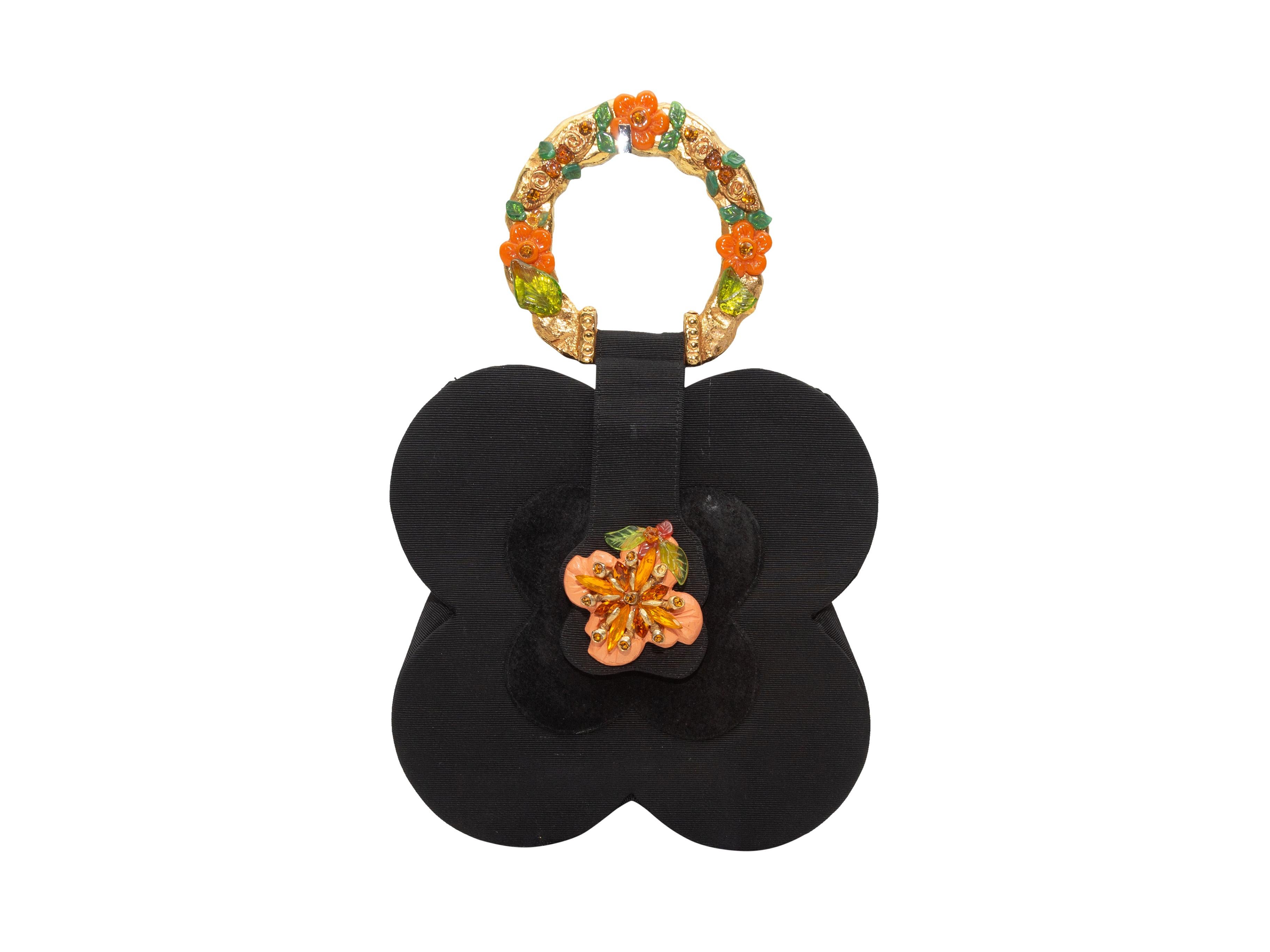 Product Details: Vintage Black & Multicolor Kalinger Paris Floral Handbag. This bag features a grosgrain body, gold-tone hardware, a single enameled handle, and a front closure. 9