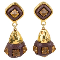 Kalinger - Boucles d'oreilles clips en métal doré et perles de couleur brun cacao