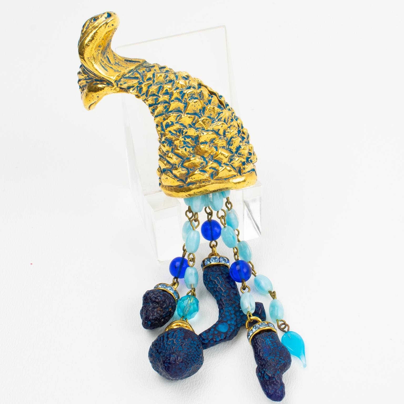 Modernist Kalinger Gilded Resin Pin Brooch Horn of Plenty with Blue Jeweled Charms For Sale