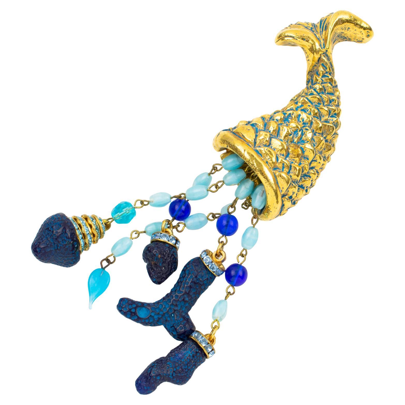Kalinger Gilded Resin Pin Brooch Horn of Plenty with Blue Jeweled Charms For Sale