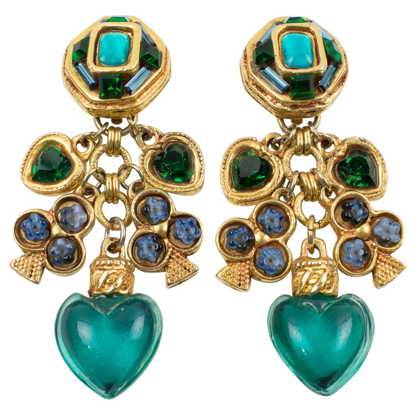 Kalinger Paris Clip Earrings Dangling Green Resin Heart and Club