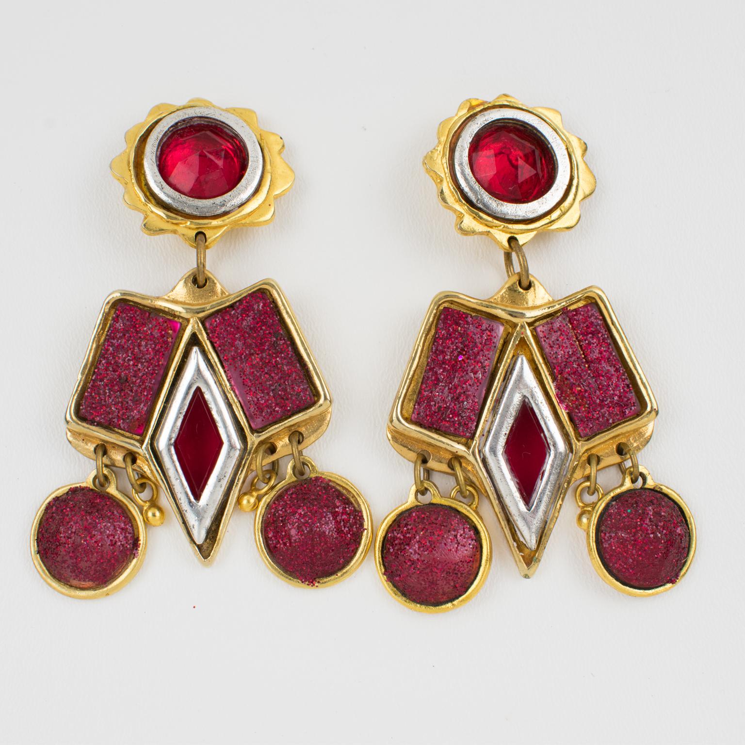 Modern Kalinger Paris Dangle Gilt Resin Clip Earrings with Red Cabochons For Sale