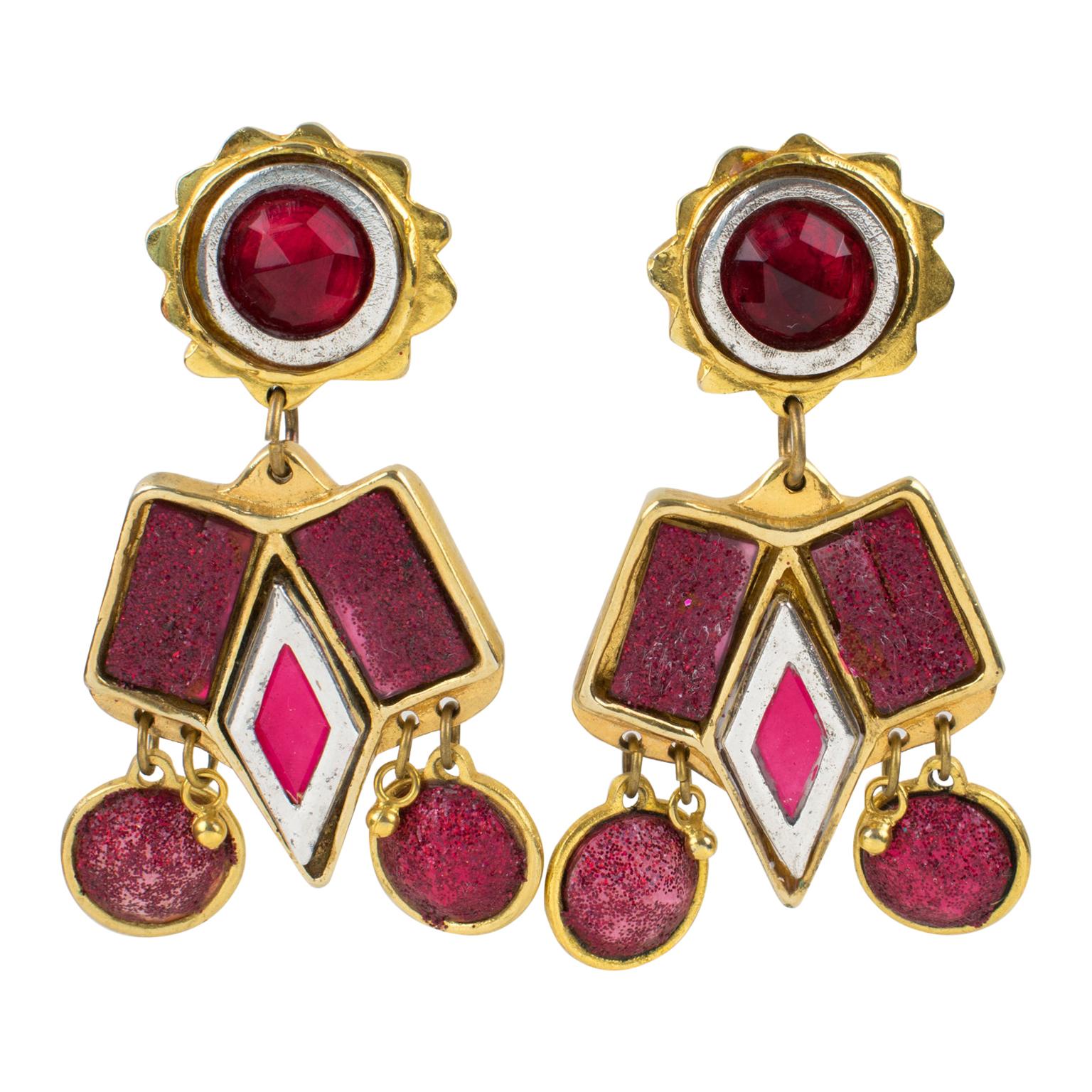 Kalinger Paris Dangle Gilt Resin Clip Earrings with Red Cabochons For Sale