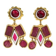 Retro Kalinger Paris Dangle Gilt Resin Clip Earrings with Red Cabochons