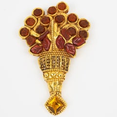 Kalinger Paris Gilded Resin and Red Cabochons Bouquet Brooch