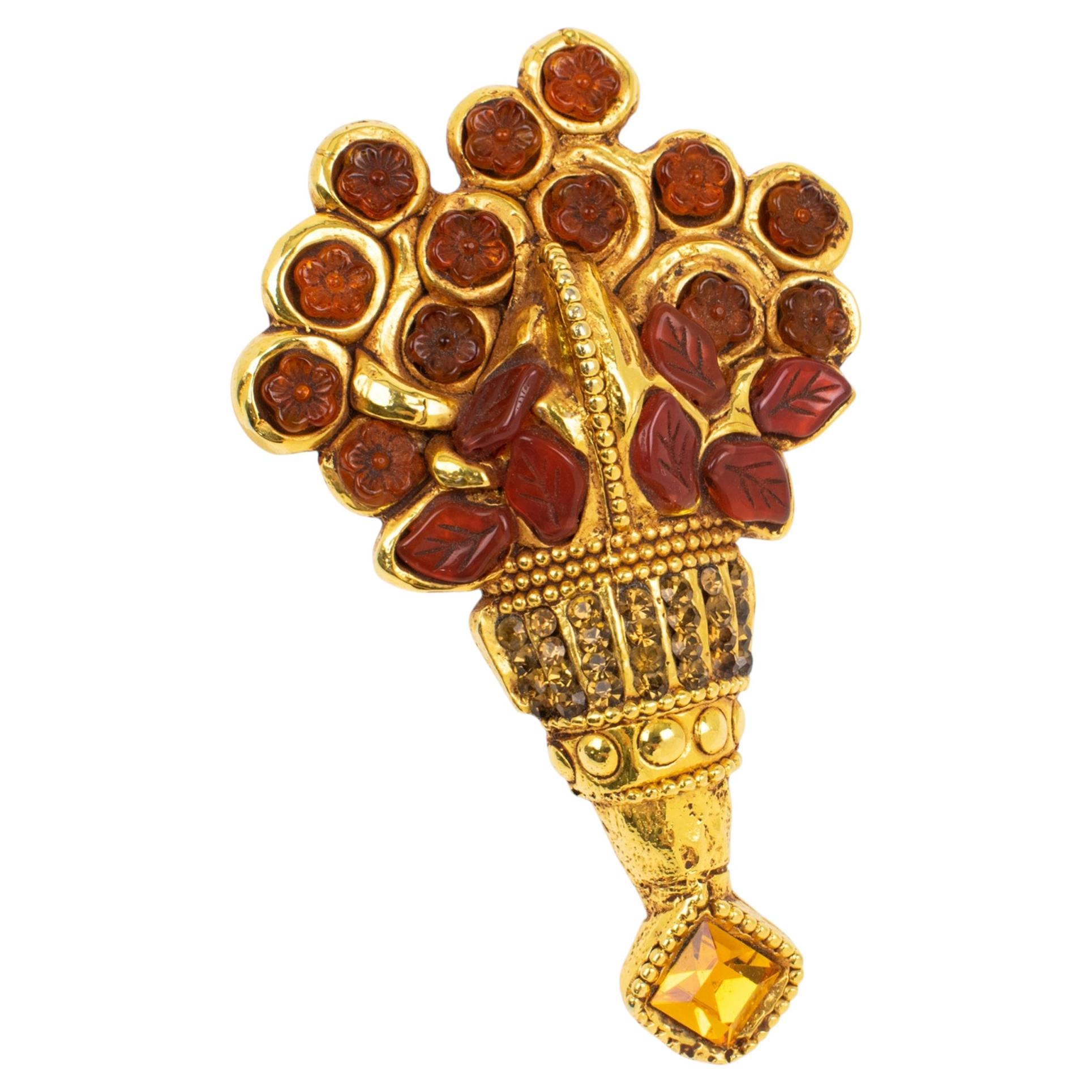 Kalinger Paris Gilded Resin and Red Cabochons Bouquet Brooch For Sale