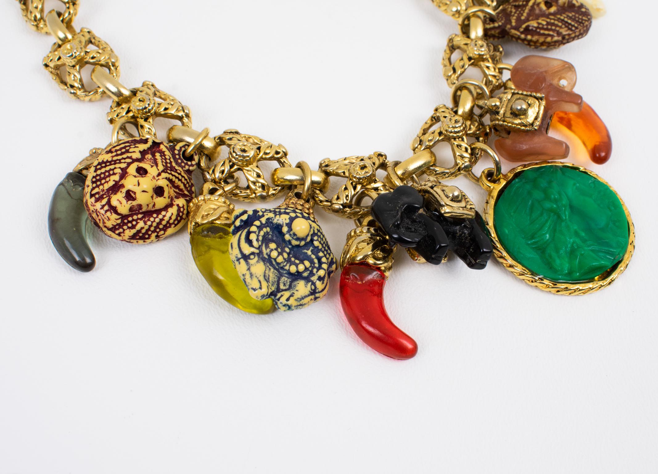 Women's or Men's Kalinger Paris Gilt Metal Choker Necklace with Multicolor Resin Charms For Sale