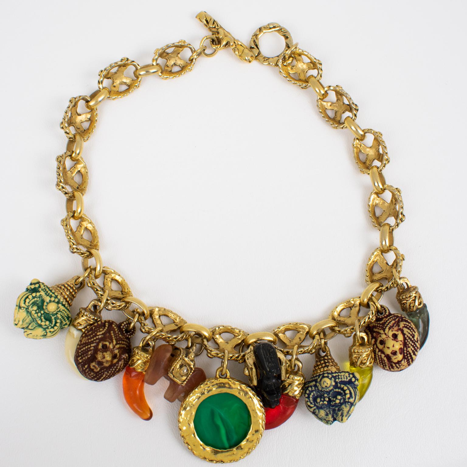 Kalinger Paris Gilt Metal Choker Necklace with Multicolor Resin Charms For Sale 2
