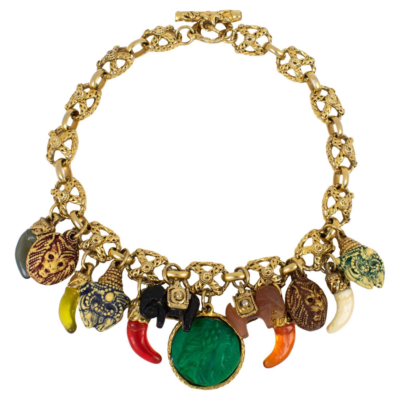 Kalinger Paris Gilt Metal Choker Necklace with Multicolor Resin Charms For Sale