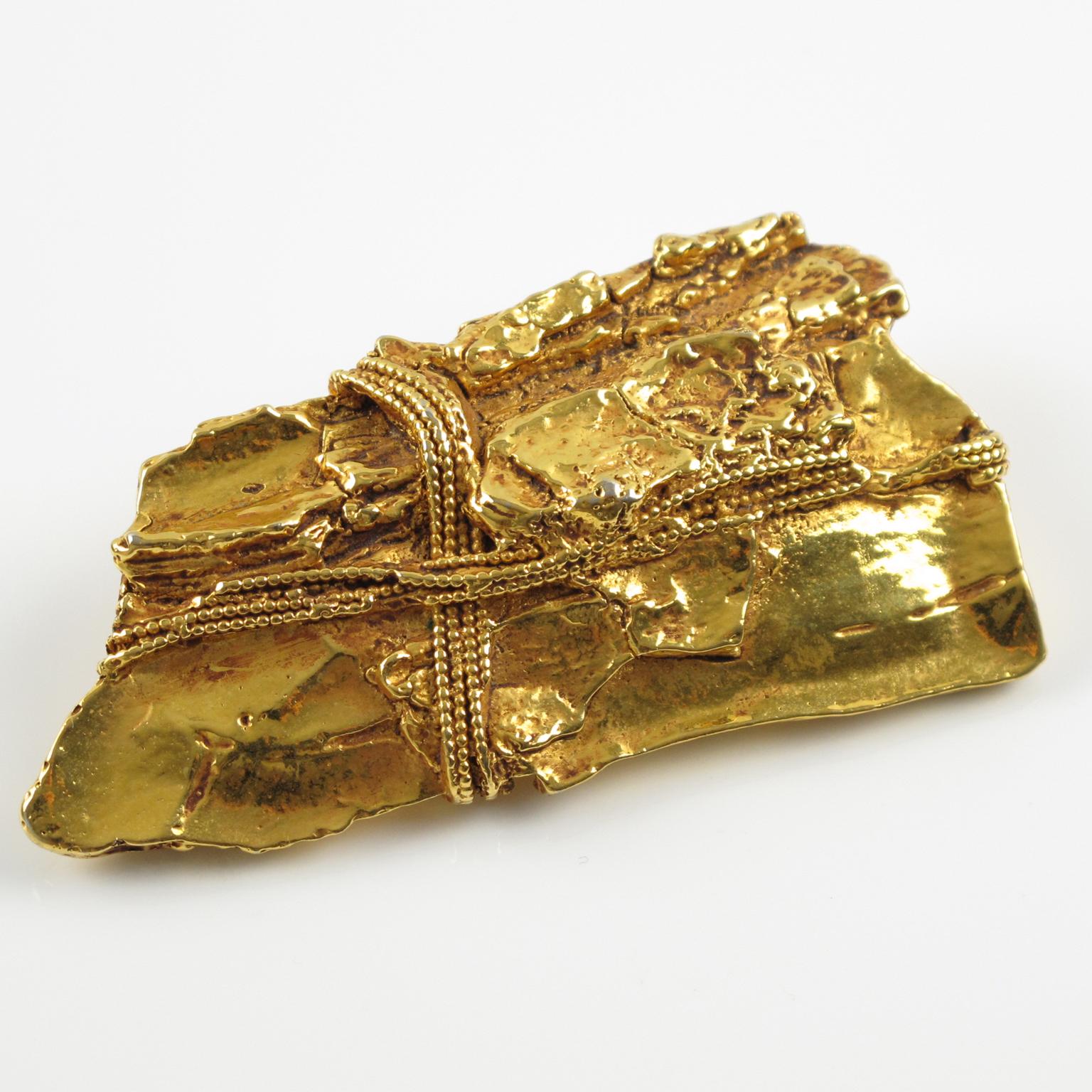 Modernist Kalinger Paris Gilt Metal Coated Resin Pin Brooch Piece of Driftwood For Sale