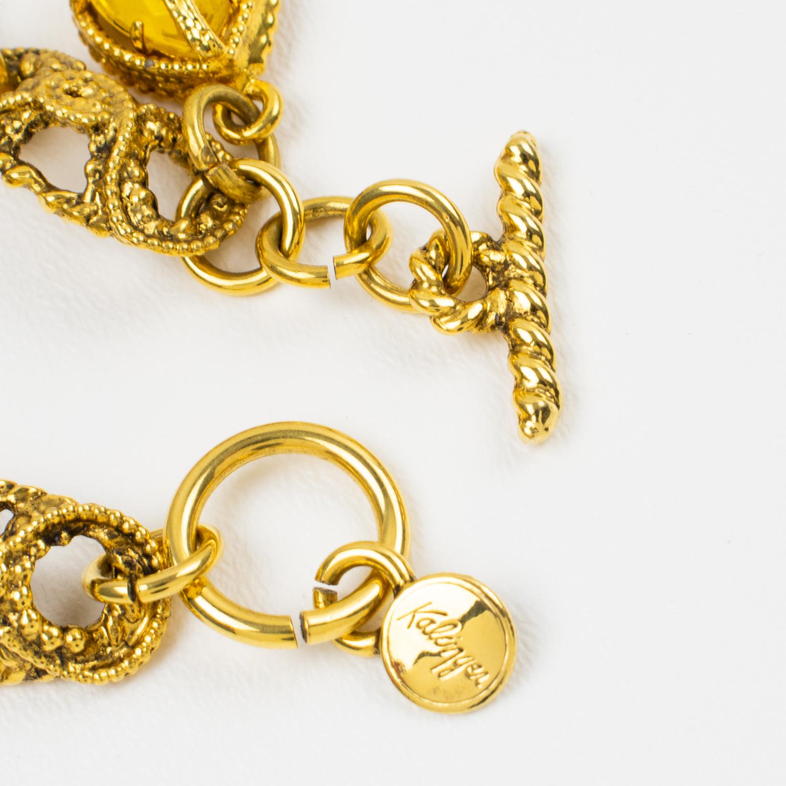 Modernist Kalinger Paris Gilt Metal Link Bracelet with Jewel Charms
