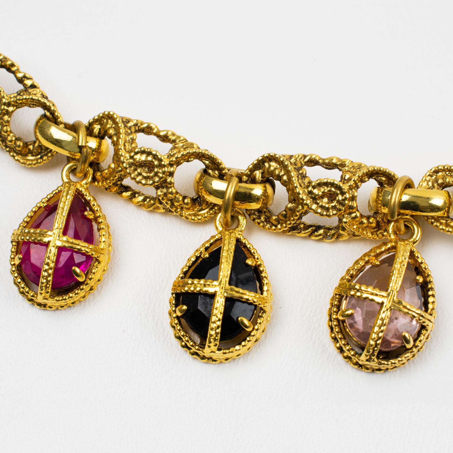 Women's or Men's Kalinger Paris Gilt Metal Link Bracelet with Jewel Charms