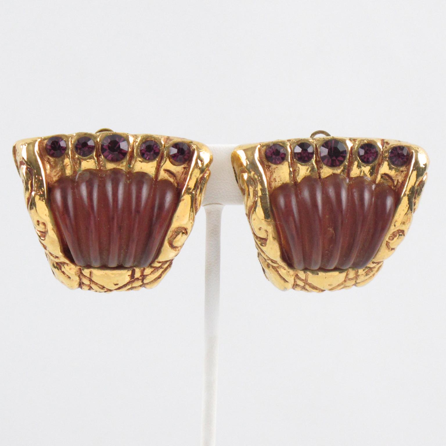 Kalinger Paris Gold und lila Harz Jeweled Clip Ohrringe (Moderne) im Angebot