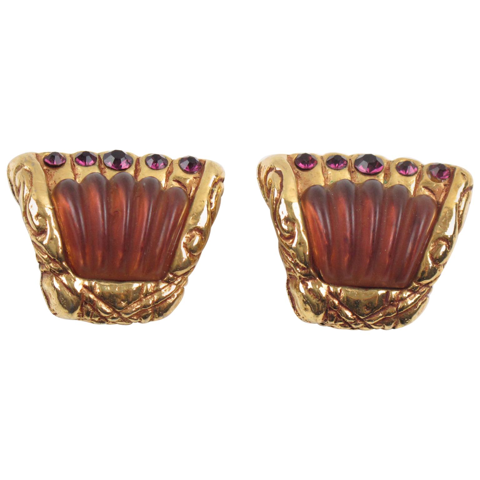 Kalinger Paris Gold and Purple Resin Jeweled Clip Earrings For Sale