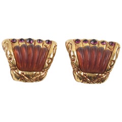 Retro Kalinger Paris Gold and Purple Resin Jeweled Clip Earrings