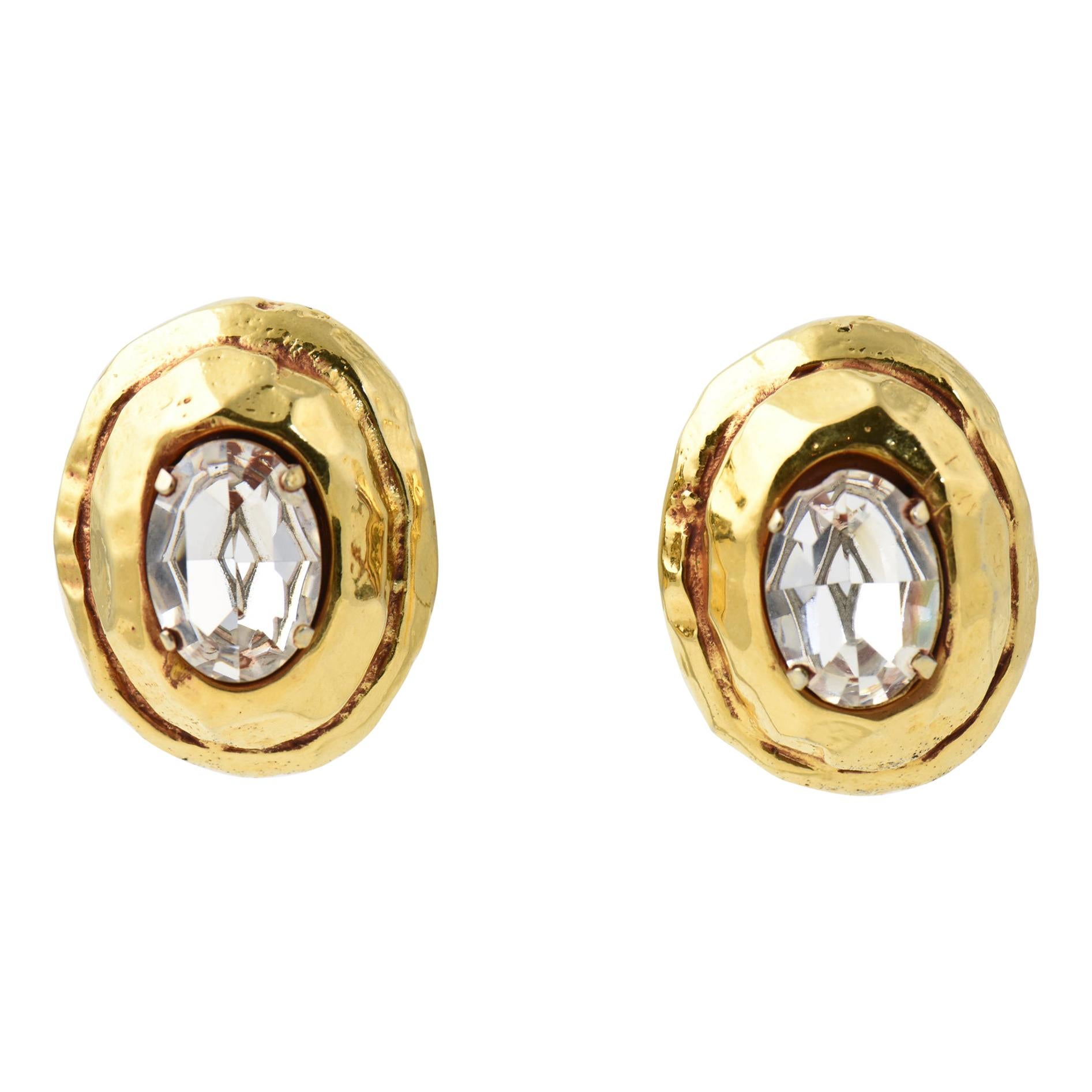 1980s Kalinger Paris Gold Crystal Statement Earrings For Sale