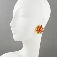 Kalinger Paris Jeweled Clip Earrings Orange and Honey Flowers