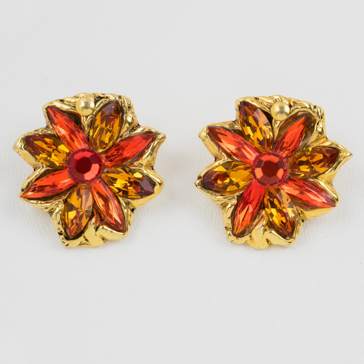 Modern Kalinger Paris Jeweled Clip Earrings Orange and Honey Flowers For Sale